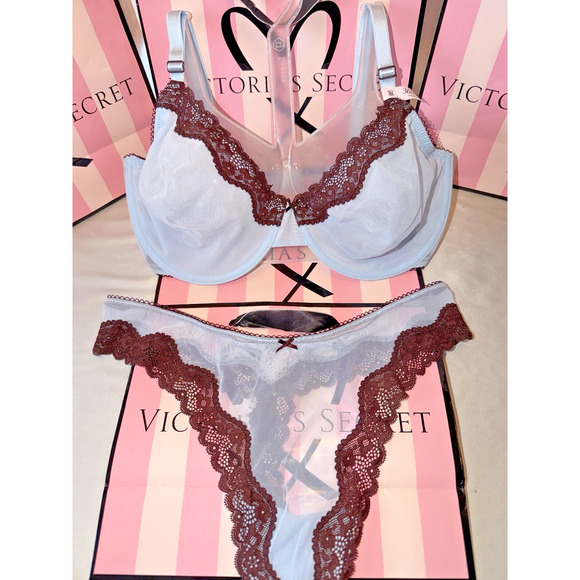 Victoria's Secret Other - Victoria's Secret Bra Unlined Tease 36DDD Large Sheer Thong Blue & Brown
